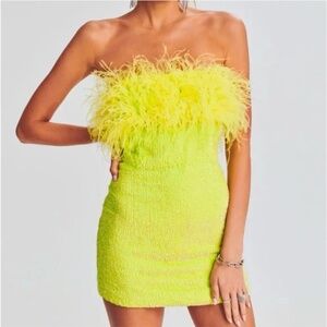 Retrofete TORIN Sequin Mini Dress Neon Yellow Feather Strapless XS - with tags